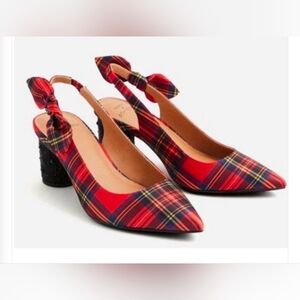 Betsey Johnson Red Plaid Cylinder Slip On Heel Shoes With a Bow 8.5W